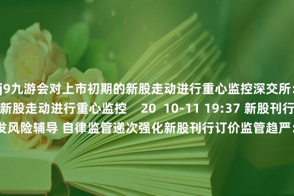 j9九游会对上市初期的新股走动进行重心监控深交所：本周对上市初期的新股走动进行重心监控    20  10-11 19:37 新股刊行订价监管趋严：频发风险辅导 自律监管递次强化新股刊行订价监管趋严：频发风险辅导 自律监管递次强化    17  10-09 11:46 深交所：本周对近期股价涨跌尽头的“银之杰”进行了重心监控深交所：本周对近期股价涨跌尽头的“银之杰”进行了重心监控    21  0